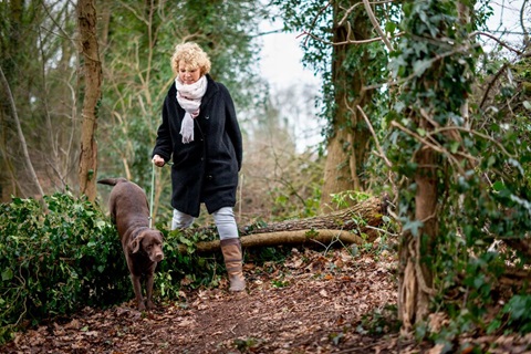 Vrouw wandelt in bos met hond
