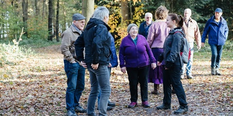 groepje oudere mensen wandelt onder begeleiding