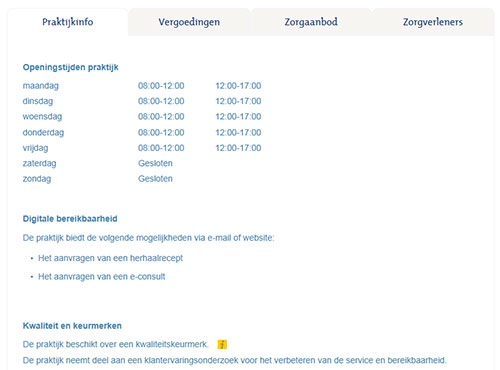 Voorbeeld praktijkinformatie op Menzis Zorgvinder